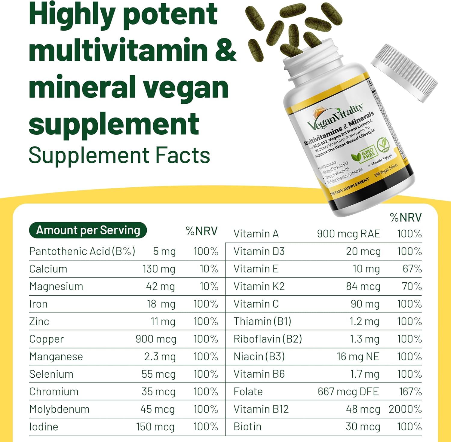 Vegan Vitality Multivitamin for Women and Men - High Strength B12, D3 & K2 - 180 Vegan Tablets - görsel 6
