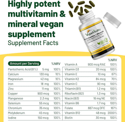 Vegan Vitality Multivitamin for Women and Men - High Strength B12, D3 & K2 - 180 Vegan Tablets