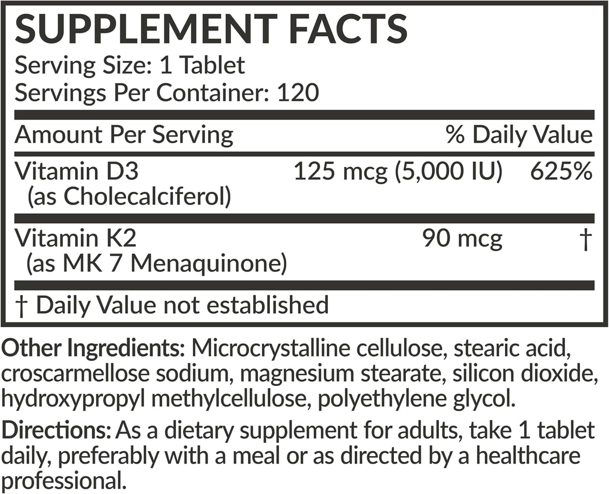 Futurebiotics Vitamin K2 with D3, 2 in 1 Support, 5000 IU Vitamin D3 & 90 mcg Vitamin K2 MK-7 Non-GMO, 120 Tablets - görsel 7