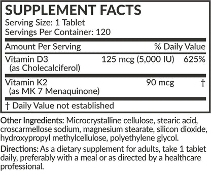 Futurebiotics Vitamin K2 with D3, 2 in 1 Support, 5000 IU Vitamin D3 & 90 mcg Vitamin K2 MK-7 Non-GMO, 120 Tablets