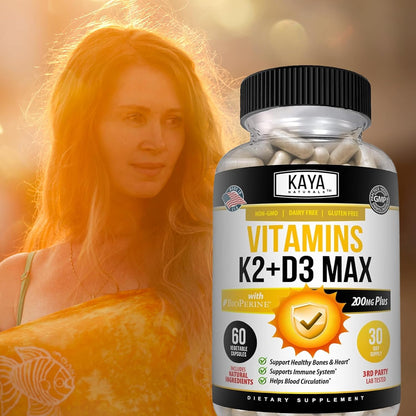 Kaya Naturals Vitamin D3 + K2 5000IU Supplement with Bioperine - 180 Veggie Capsules