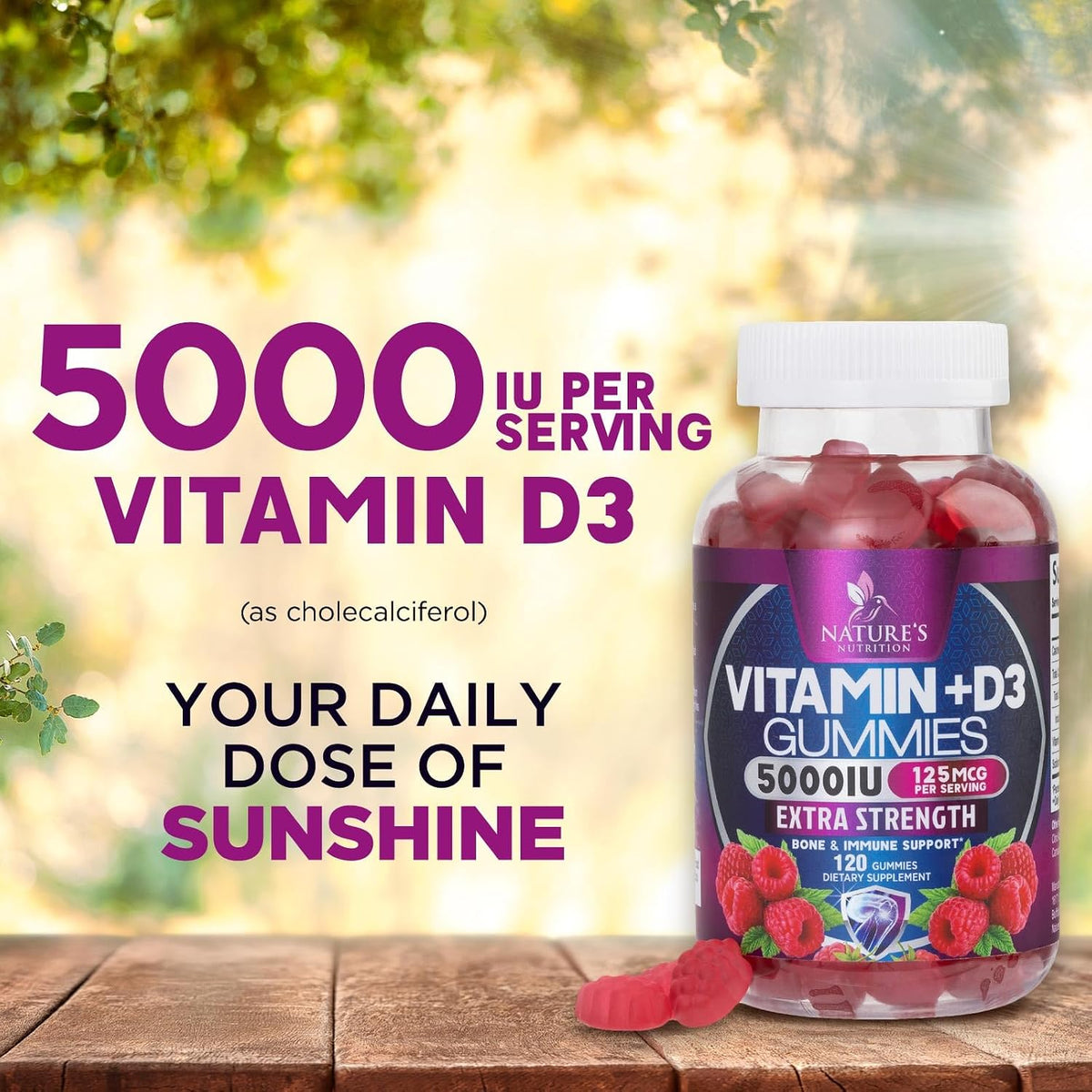 Nature's Nutrition Vitamin D3 Gummies - 5000 IU, 120 Count - Bone and Immune Support - görsel 6