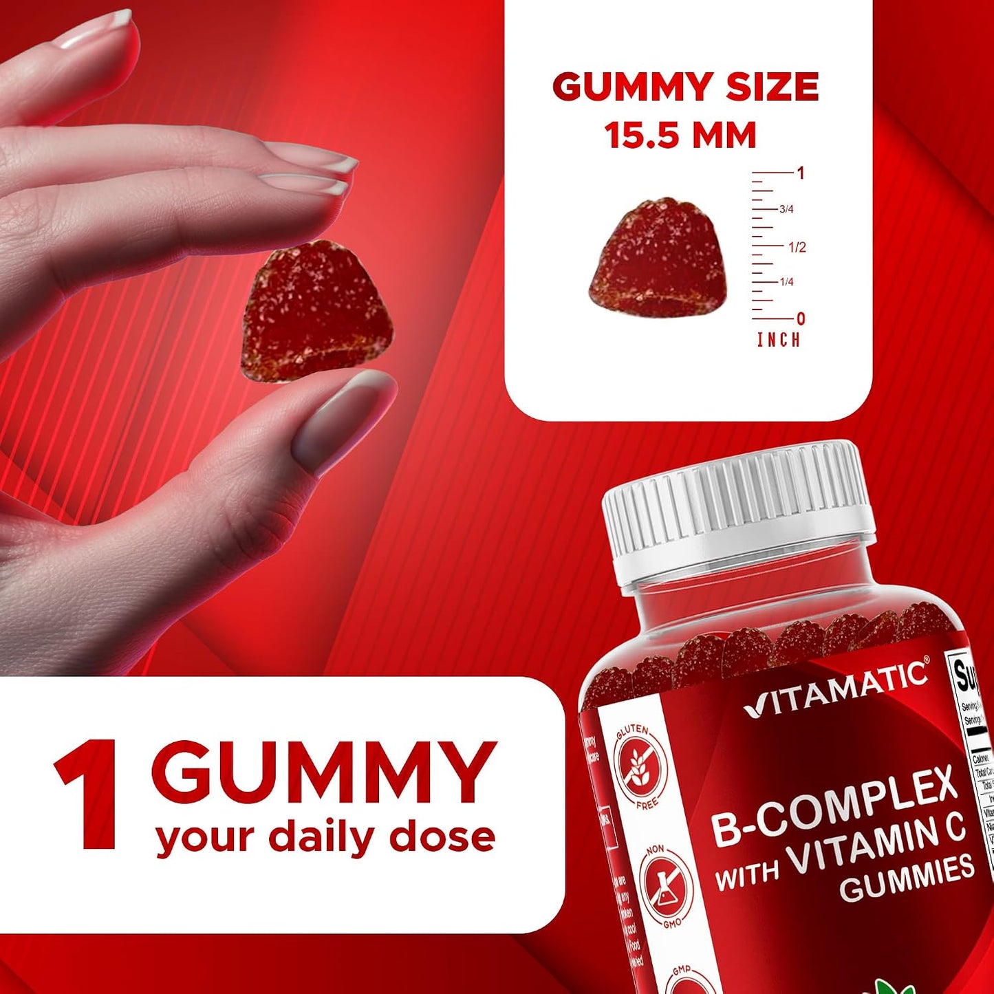 Vitamatic Vitamin B Complex Gummies with Vitamin C & Inositol - Natural Strawberry Flavour - 60 Gummies - görsel 3