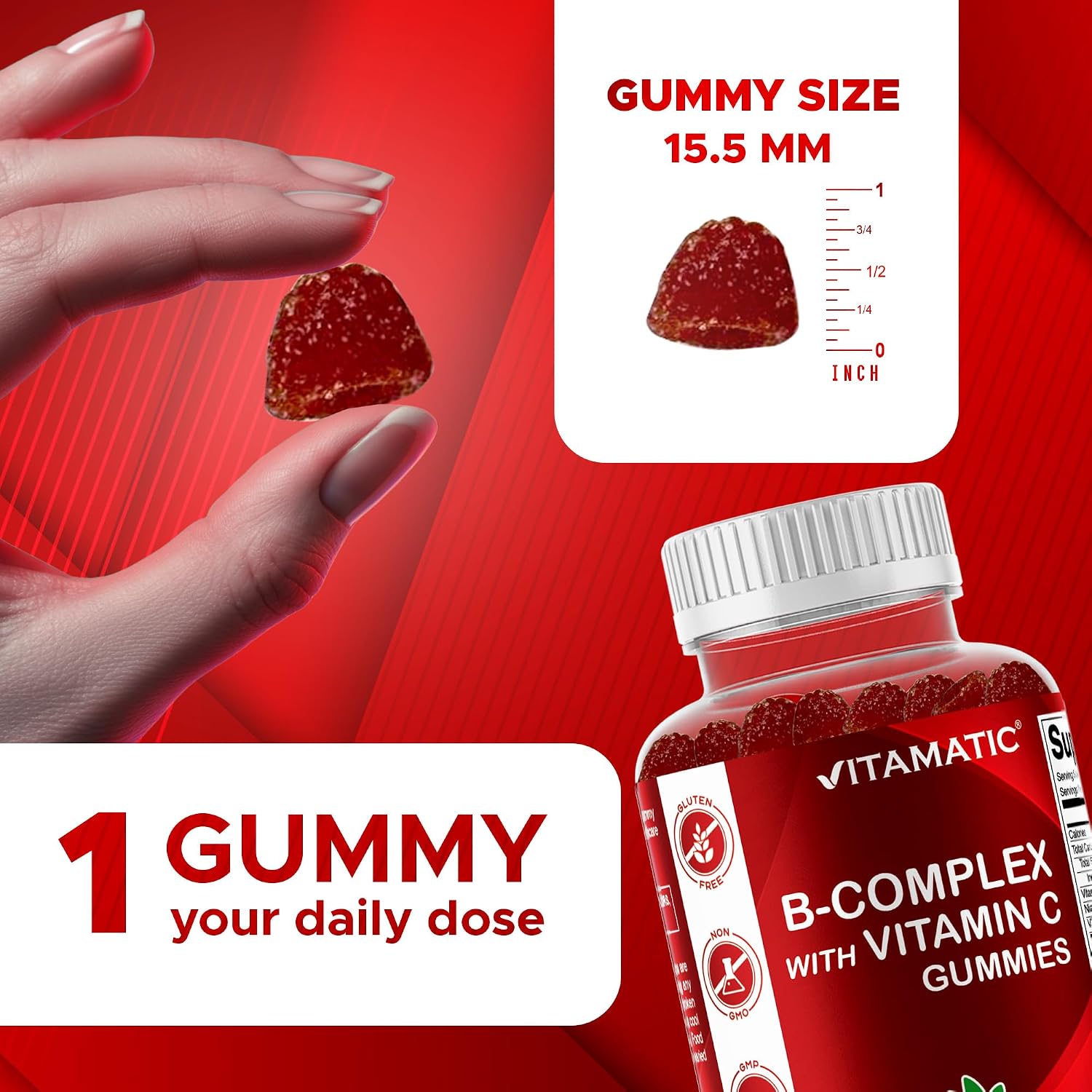 Vitamatic Vitamin B Complex Gummies with Vitamin C & Inositol - Natural Strawberry Flavour - 60 Gummies - görsel 3