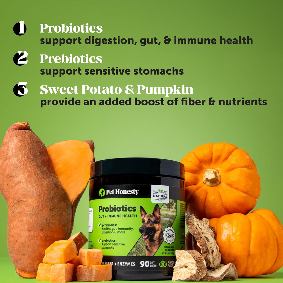 Pet Honesty 6 Billion CFU Dog Probiotics with Prebiotics, Digestive Enzymes & Fibre - Pumpkin Flavour, 90 Chews - görsel 3