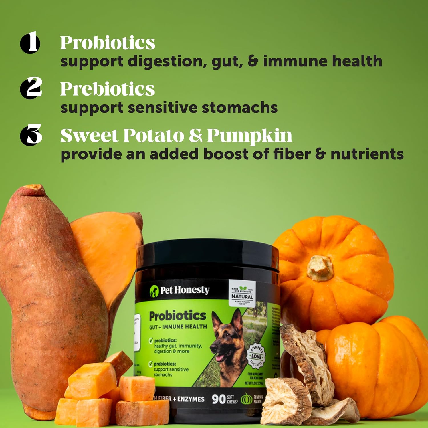 Pet Honesty 6 Billion CFU Probiotics for Dogs with Prebiotics, Digestive Enzymes and Fibre – Pumpkin Flavour, 180 Chews - görsel 3