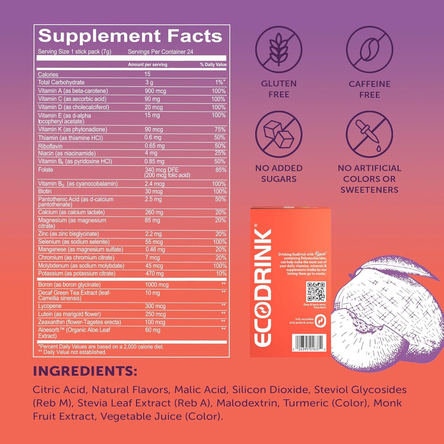 EcoDrink Nutrient Support Hydration Sachets, Peach Mango – 24 Sachets - görsel 2