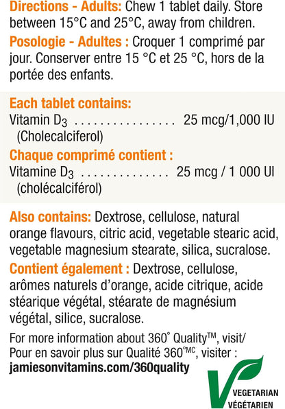 Jamieson Natural Tangy Orange Chewable Vitamin D3 1000 IU 100 Tablets