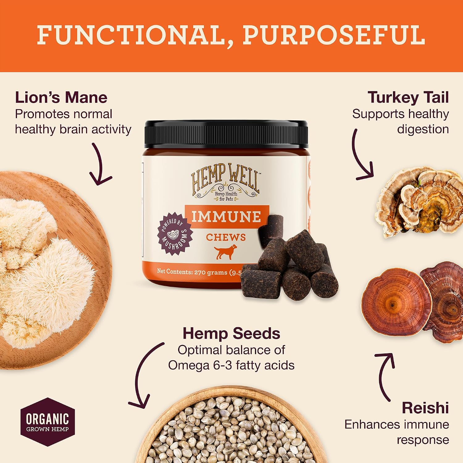 Hemp Well Immune & Gut Support Dog Soft Chews with Functional Mushrooms, 60 Count - görsel 3