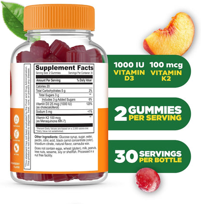 Lifeable Vitamin D3 K2 Gummies for Adults – Strawberry Flavour, 60 Gummies