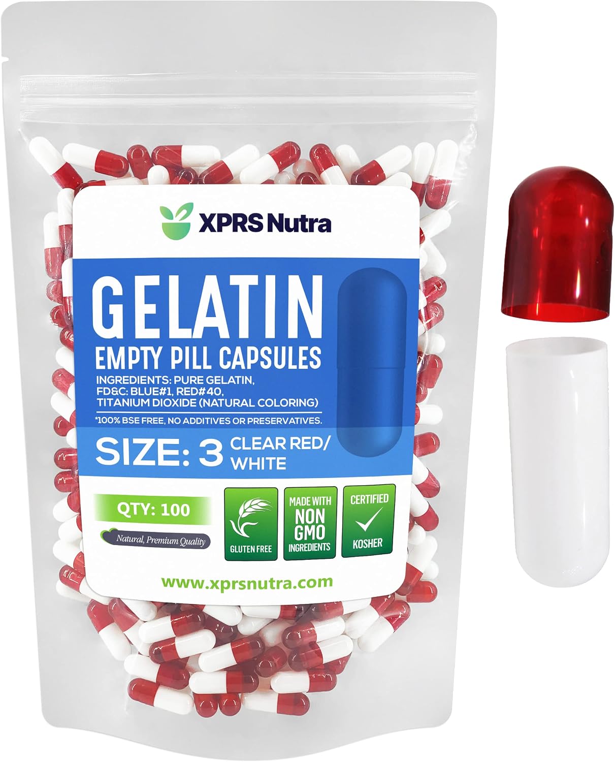 XPRS Nutra Size 3 Empty Capsules - 100 Count Clear Red/White Gelatine Capsules for DIY Supplement Filling - görsel 1