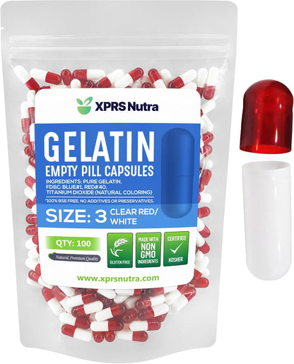 XPRS Nutra Size 3 Empty Capsules - 100 Count Clear Red/White Gelatine Capsules for DIY Supplement Filling