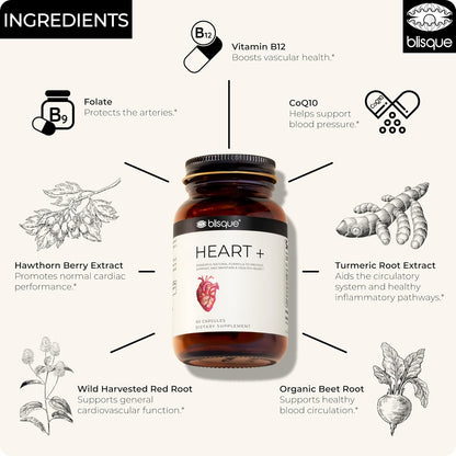 Blisque HEART+ – Natural Blood Pressure Support Supplement with CoQ10, Hawthorn Berry, Beet Root, Turmeric, 90 Capsules