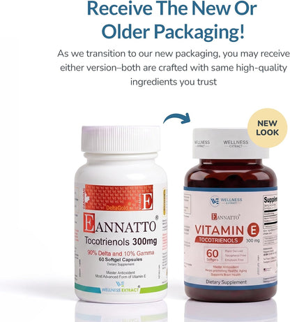 WELLNESS EXTRACT Eannatto Tocotrienols Vitamin E Supplement - Tocopherol Free, Non-GM, Gluten-free, Antioxidant (300mg, 60 Softgels)