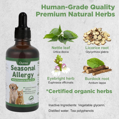 Ourea Cat & Dog Seasonal Allergy Relief - Natural Herbal Liquid Supplement for Itching, Scratching & Licking