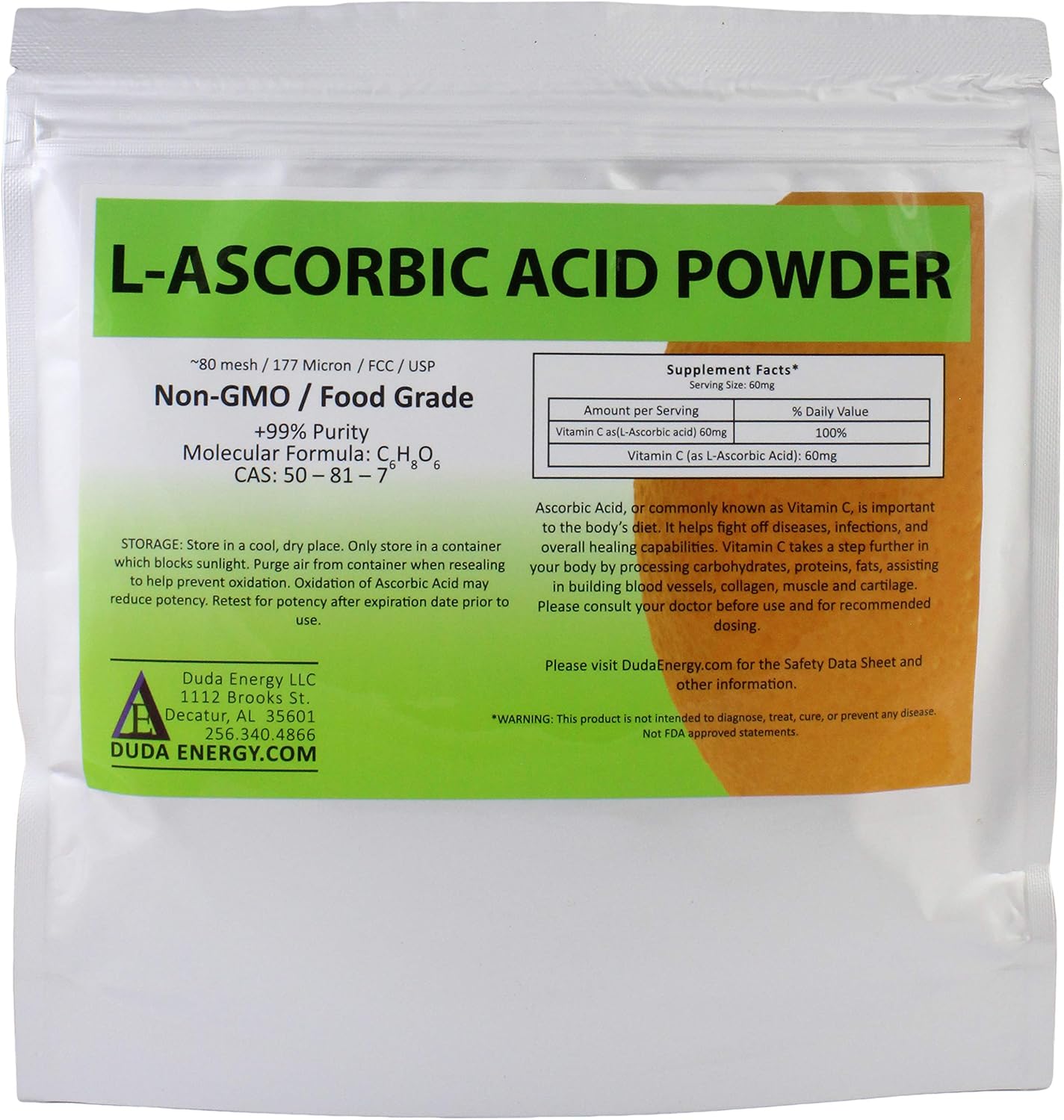 Duda Energy L-Ascorbic Acid Powder, 99+% Food Grade, 227 g (8 oz) - görsel 1
