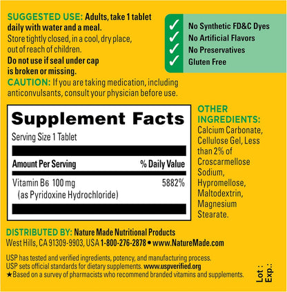 Nature Made Vitamin B6 100mg Tablets - Energy Metabolism Support - 100 Tablets