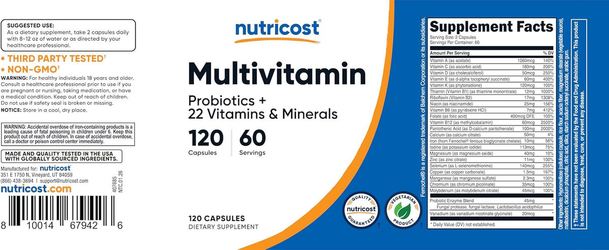 Nutricost Multivitamin with Probiotics - 120 Vegetarian Capsules - görsel 6