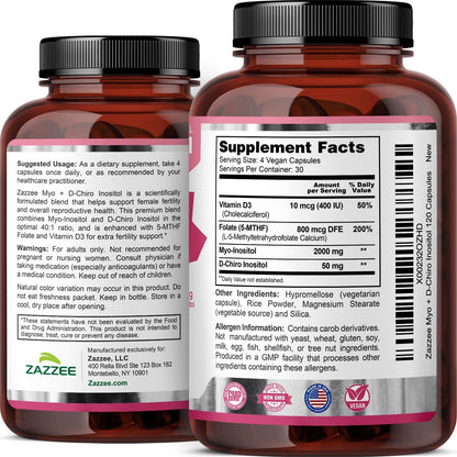 Zazzee Myo & D-Chiro Inositol with Vitamin D3 & Folate, 120 Vegan Capsules
