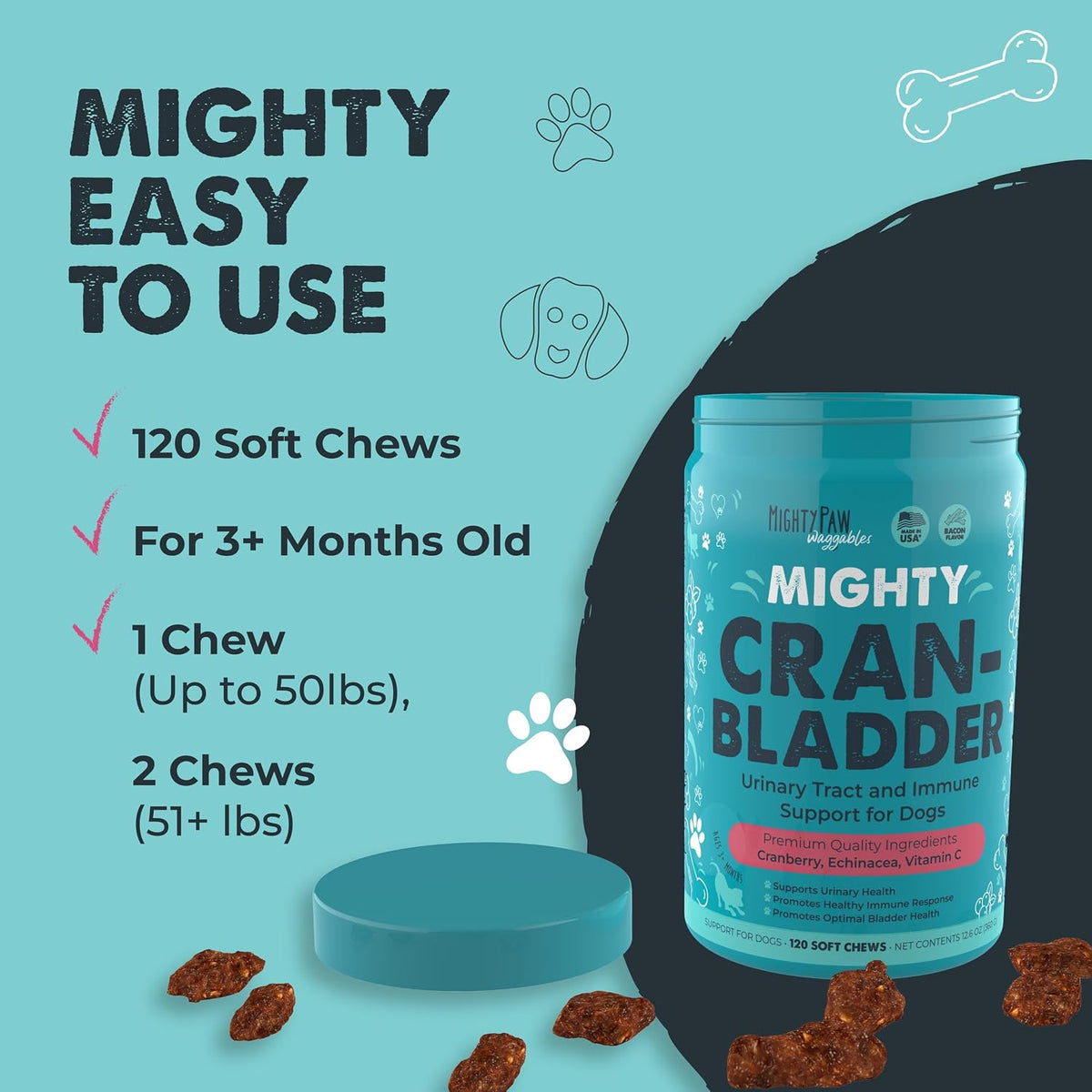 Mighty Paw Waggables Cran-Bladder (Made in the USA) 2-Pack | Vet Formulated Cranberry Supplement for Dogs – Cranberry Chews for Dogs, Urinary Tract & Bladder Support, Bacon Flavoured, 240 Soft Chews - görsel 4