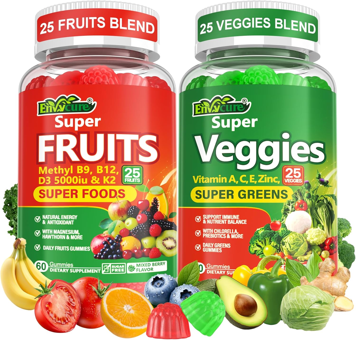 Super Greens Gummies - Daily Green Superfood Supplement with Spirulina, Chlorella, Mushrooms, Probiotics, Multivitamins, 50+ Super Greens & Veggies Gummies to Boost Immunity, Energy & Gut Health, 120 Count - görsel 1