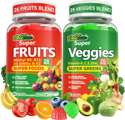 Super Greens Gummies - Daily Green Superfood Supplement with Spirulina, Chlorella, Mushrooms, Probiotics, Multivitamins, 50+ Super Greens & Veggies Gummies to Boost Immunity, Energy & Gut Health, 120 Count