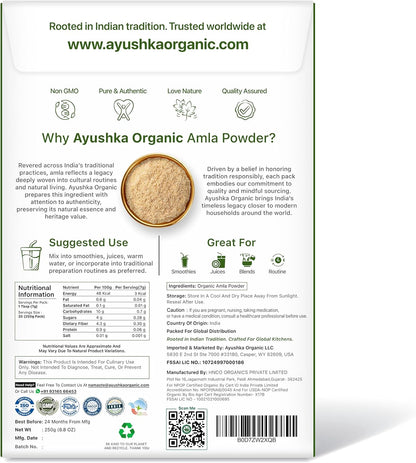 Amla Powder (Amalaki) 8.8 oz – USDA Organic Indian Gooseberry Powder, Laboratory Tested, Rich in Vitamin C & Antioxidants, Traditionally Used for Immune, Digestive & Skin Health, Non-GM, Vegan