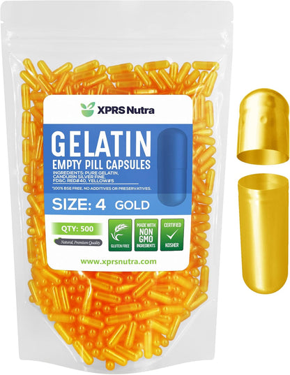 XPRS Nutra Size 4 Empty Gelatine Capsules - 500 Capsules - DIY Capsule Filling - Bovine Gelatine (Gold)