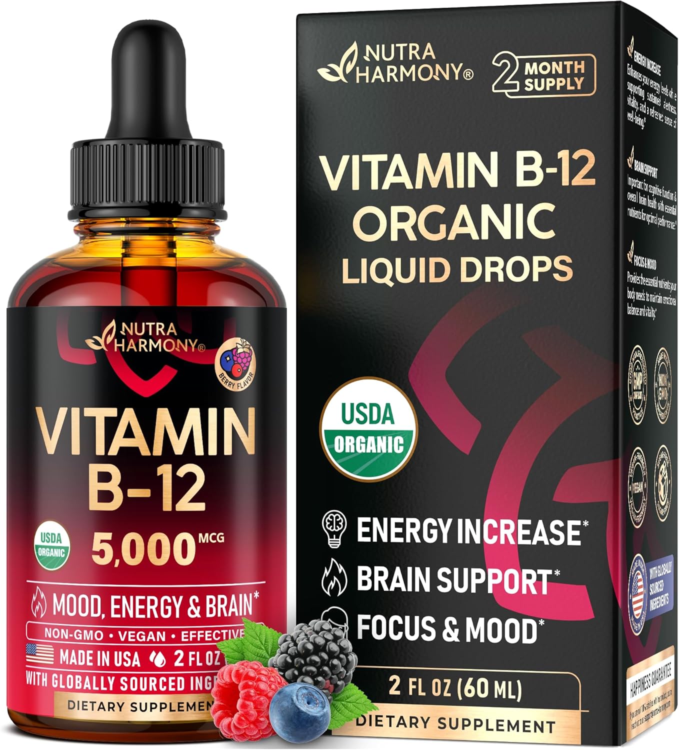 NUTRAHARMONY Organic Vitamin B12 Sublingual Drops - 5000 mcg Methylcobalamin, Natural Berry Flavour, 60 ml (2-Month Supply) - görsel 1