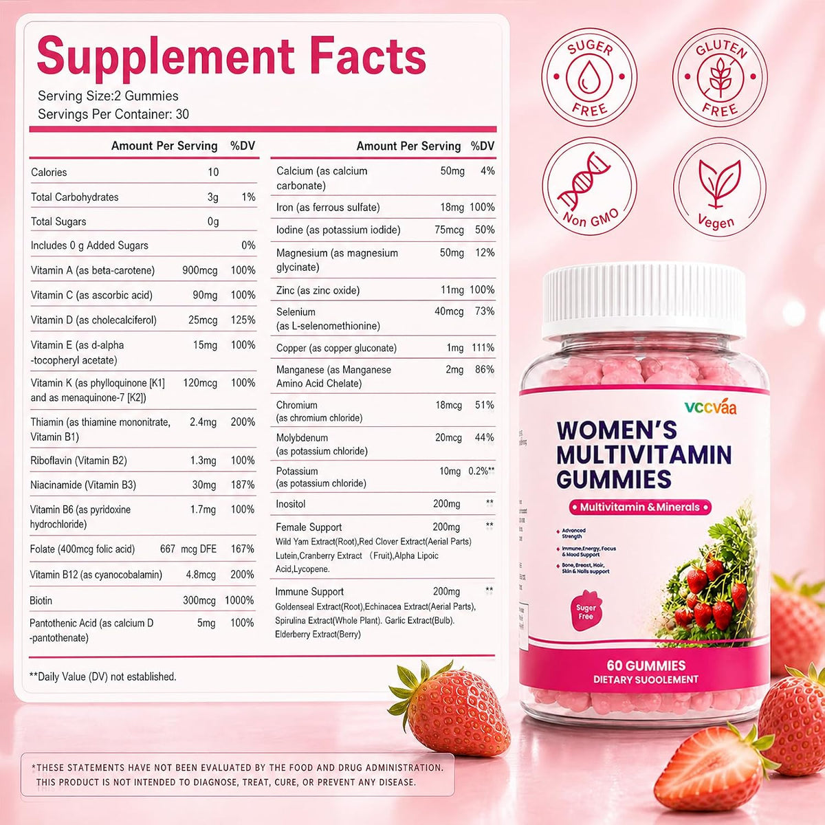 Vccvaa Sugar Free Multivitamin Gummies for Women 14+ with Iron, Inositol & Folate – 60 Count - görsel 3