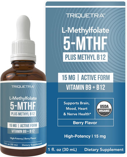 L-Methylfolate 15mg with Methyl B12 Cofactor – High Potency Liquid Sublingual Active 5-MTHF – Organic Berry Flavour – Bioactive Forms Vitamin B9 and B12 (30 ml)