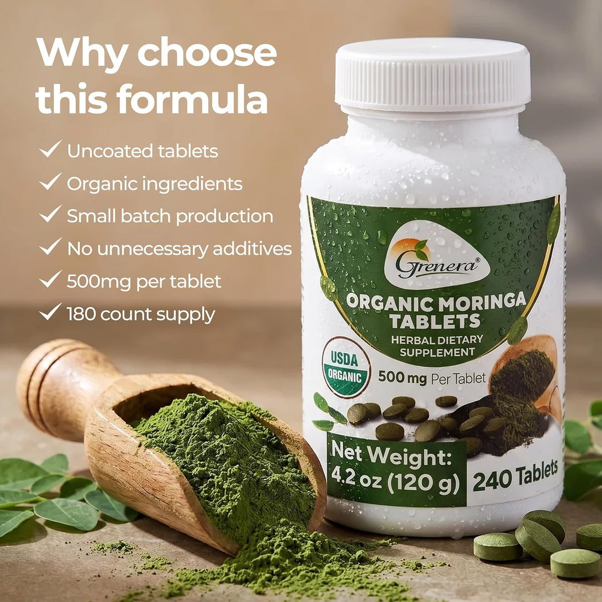 Grenera Organic Moringa Tablets – USDA Organic, 500mg, 240 Tablets - görsel 8