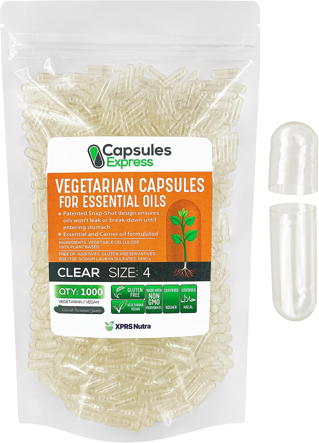 XPRS Nutra Size 4 Empty Vegan Capsules - 1000 Count Clear Veggie Capsules for Essential Oils - Empty Vegetable Caps - DIY Oil Filling - görsel 1