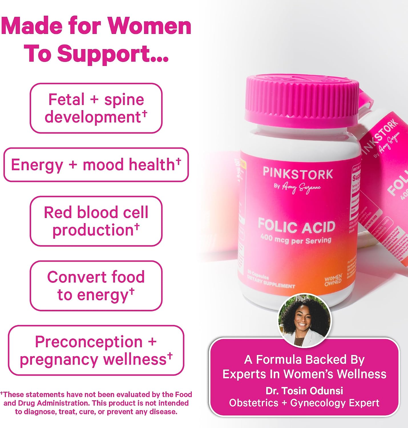 Pink Stork Folic Acid Supplement for Women – 400mcg, 30 Capsules | Daily Vitamin B9, Prenatal & Fertility Support, Supports Red Blood Cell Formation & Energy, Vegetarian - görsel 3
