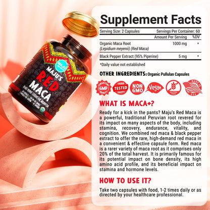 Maju Superfoods Organic Red Maca Root Capsules for Women – Support for Curves and Thighs (120 Count)