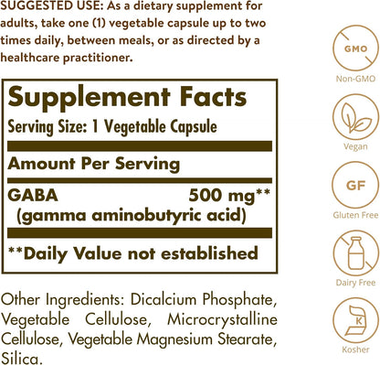 Solgar GABA 500 mg, 100 Vegetable Capsules – Relaxation & Nervous System Support