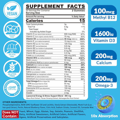 Methylated Multivitamin for Men Gummies | Vegan Omega-3, CoQ10, Zinc | Liposomal | Sugar Free | 120 Gummies