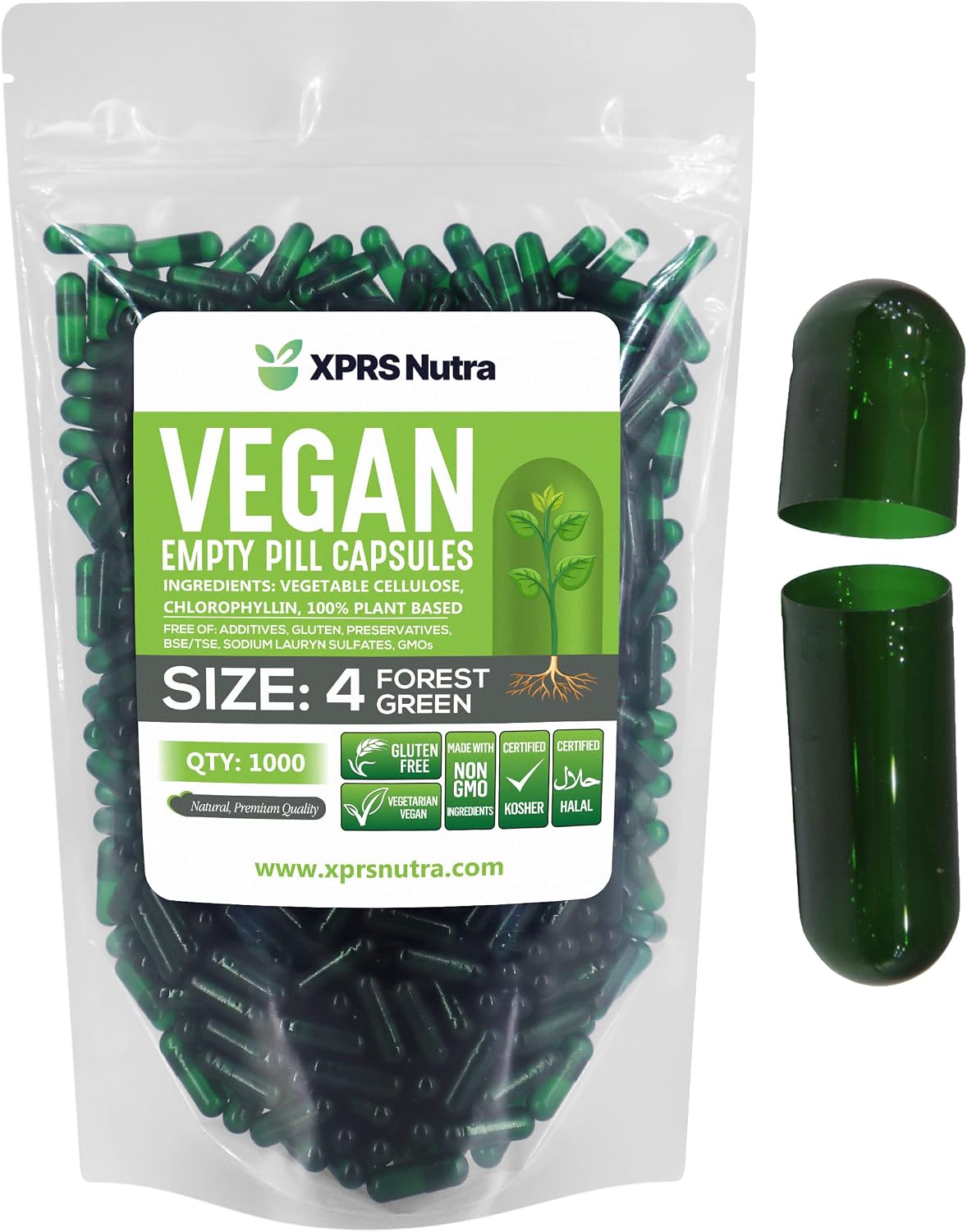 XPRS Nutra Size 4 Empty Capsules - 1000 Count Vegan Capsules (Forest Green) - görsel 1