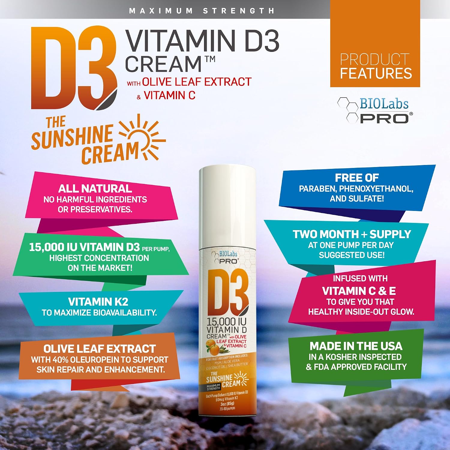 BIOLABS PRO All Natural Vitamin D3 15000IU Cream with Vitamin K2 & Olive Leaf Extract, 85 g - görsel 3