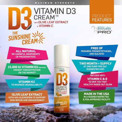 BIOLABS PRO All Natural Vitamin D3 15000IU Cream with Vitamin K2 & Olive Leaf Extract, 85 g