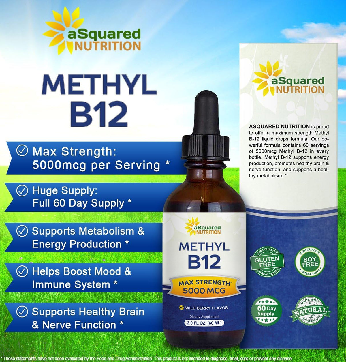 aSquared Nutrition Vitamin B12 Sublingual Liquid Drops - 5000 mcg Methylcobalamin - Wild Berry Flavour - 60 ml - görsel 2