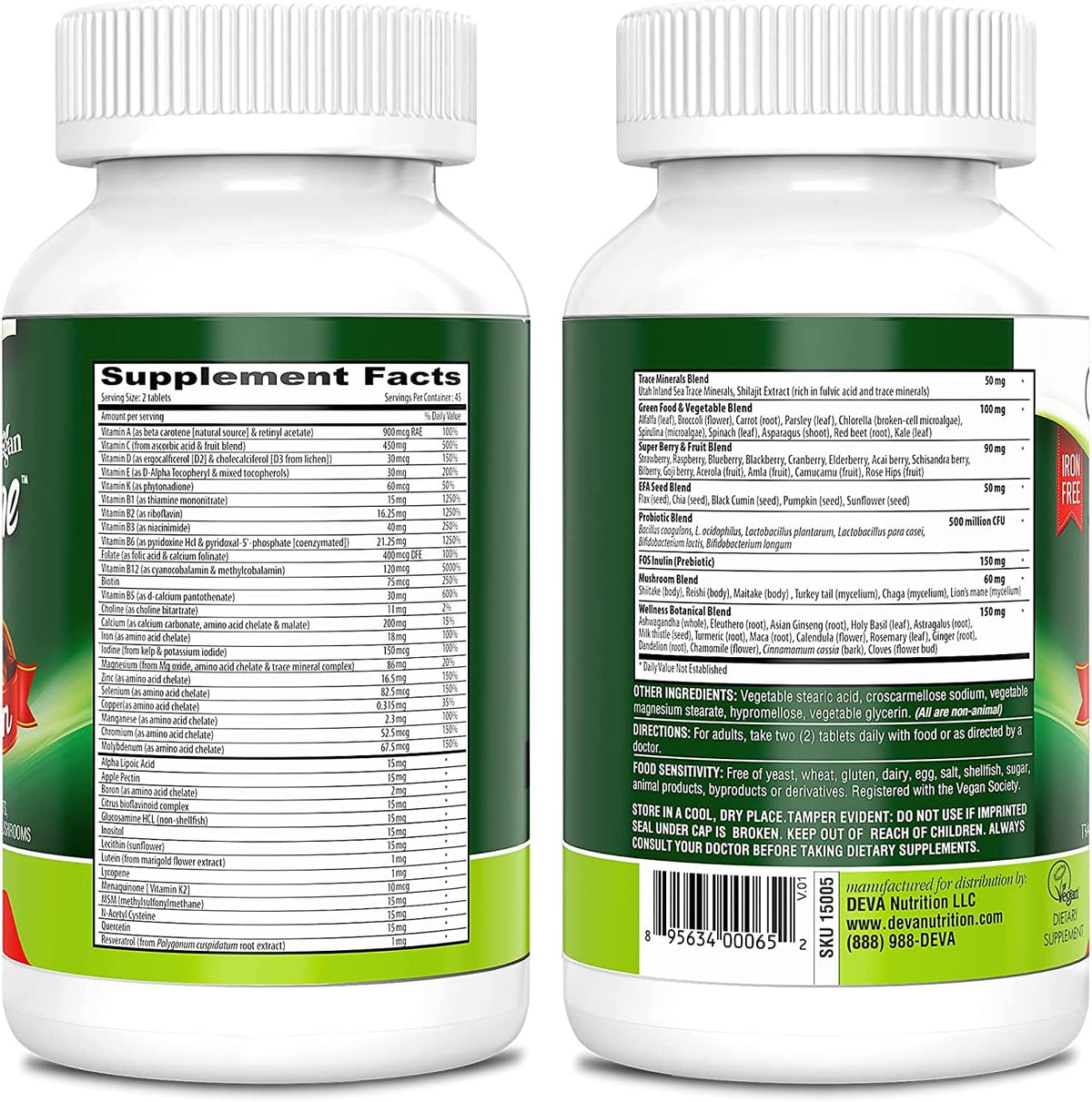 DEVA Tuba Prime Vegan Multivitamin High-Potency with Greens, Berries, Mushrooms, Probiotics & Herbs - 90 Tablets (2-Pack) - görsel 2