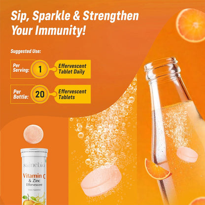 Vitamin C 1000mg Effervescent Tablets with Zinc - Immune Support, Sugar-Free, Orange Flavour - 20 Count