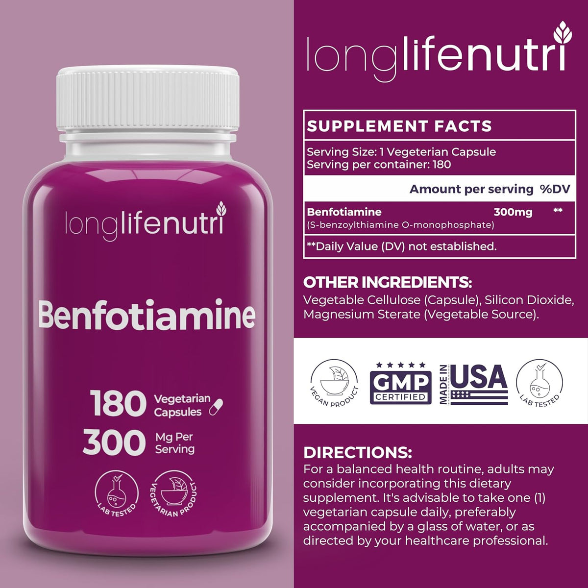 LongLifeNutri Benfotiamine 300mg – 180 Vegetarian Capsules - görsel 2