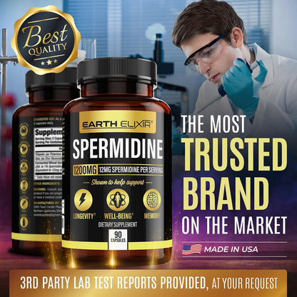 Earth Elixir Spermidine Supplements 1200mg (90 Capsules) – Anti-Ageing – Third-Party Tested (12mg Spermidine Powder) Max Purity – 100% Pure Spermidine – Fermented Wheat Germ Extract – NMN Alternative