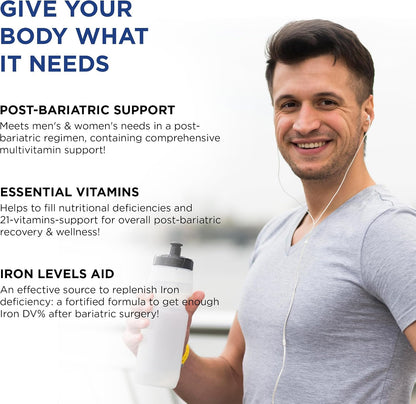 Bariatric Multivitamin with Iron for Women & Men - All-in-One 42 Superfood Blend for Energy & Immune Support - Post-Surgery Recovery, Easy-to-Swallow, Halal, Made in USA (120 Liquid Capsules)