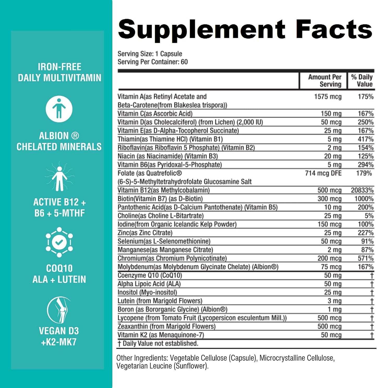 Power By Naturals Methyl Multi One – Iron-Free Methylated Multivitamin with 5-MTHF, Methyl B12 & CoQ10 – Methylation Support for Men and Women – Vegan, Non-GMO – 60 Capsules - görsel 4