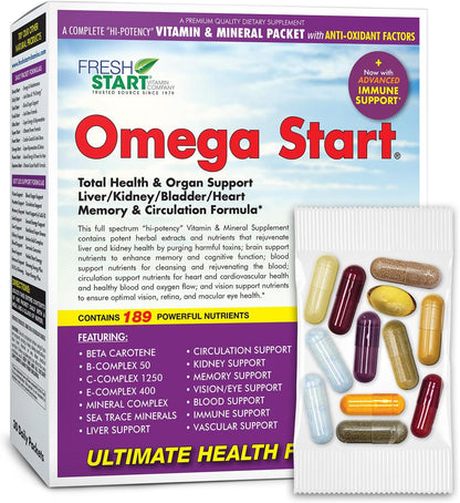 Omega Start All-in-One Daily Vitamin Pack – Total Body & Organ Support – Milk Thistle, Chanca Piedra, Dandelion, Nettle, Mushroom Complex & Antioxidants – 30 Day Supply