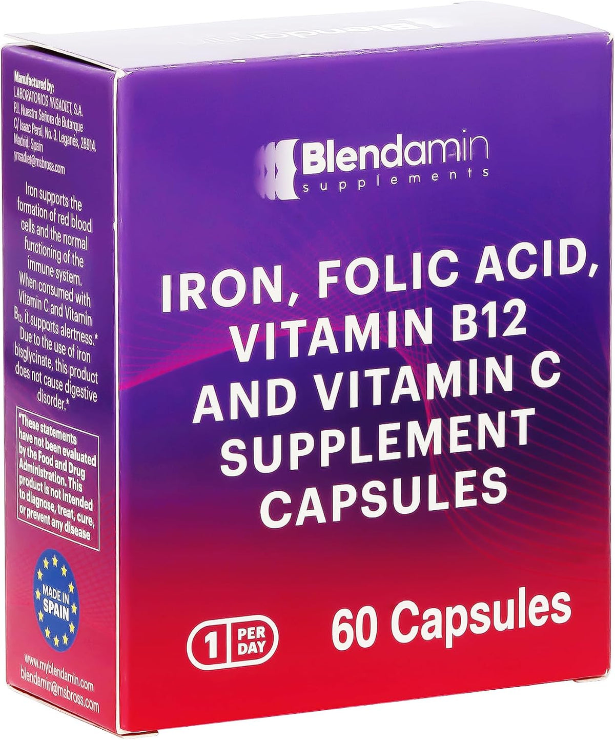 Blendamin Iron Ferrous Bisglycinate with Vitamins B12, Folic Acid & Vitamin C - 60 Capsules - görsel 3