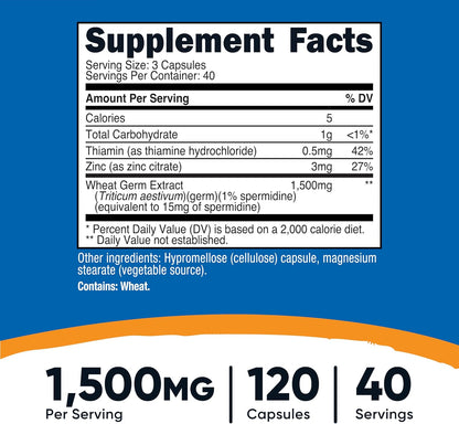 Nutricost Spermidine Wheat Germ Extract Supplement 120 Capsules for 40 Servings Per Bottle – Vegetarian, GM Free